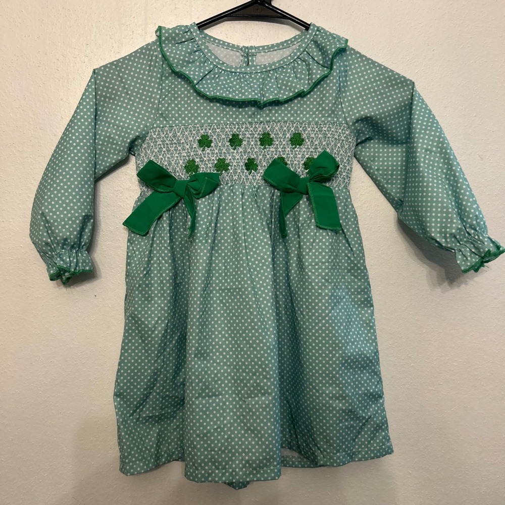 Unbranded Smocked Dress Kids 3-4Y Green Good Shamrock Polka Dot ST PATRICKS DAY